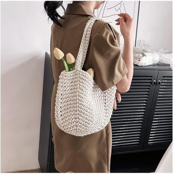 Summer Beach Handbag Womens Crochet Cotton Rope Large Woven Shoulder Bag - Picture 2 of 5